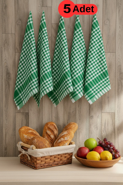 Mislina Home Pötikareli 5'li Yeşil Alman Servis Peçetesi Mutfak Havlusu Beslenme Örtüsü Kurulama Bezi 47x67cm