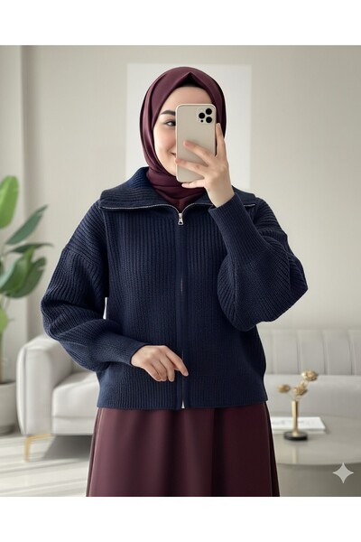 Modamorfo Half-Thigh Zippered Knit Cardigan - Navy