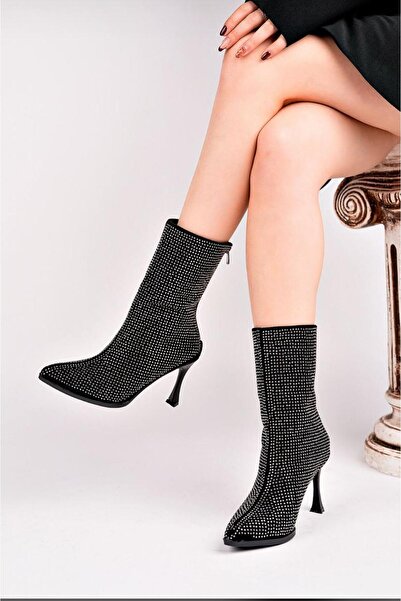 Demashoes Suede Gray Stone Thin Heeled Women's Boots 9 cm