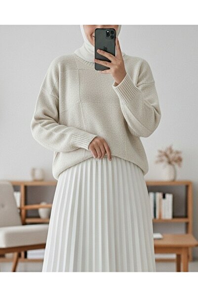 Modamorfo Square Patterned Round Neck Soft Sweater -Stone