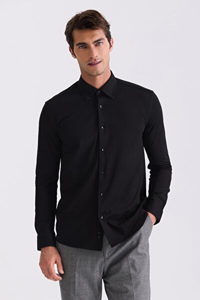 ASSENTE Men's Slim Fit Collar Buttoned Stretch Fabric Knitted Shirt