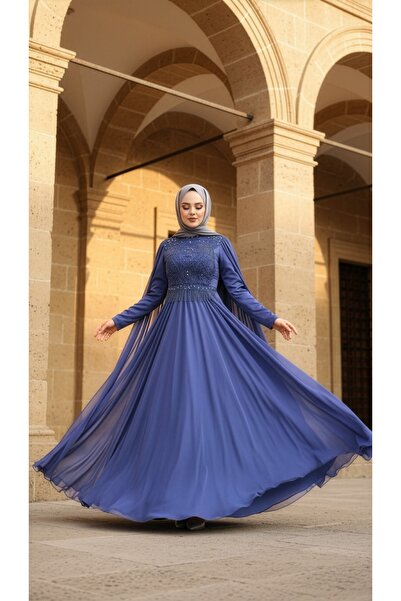 Neva Style Μανδύα Indigo Blue Hijab Βραδινό Φόρεμα 22162ım