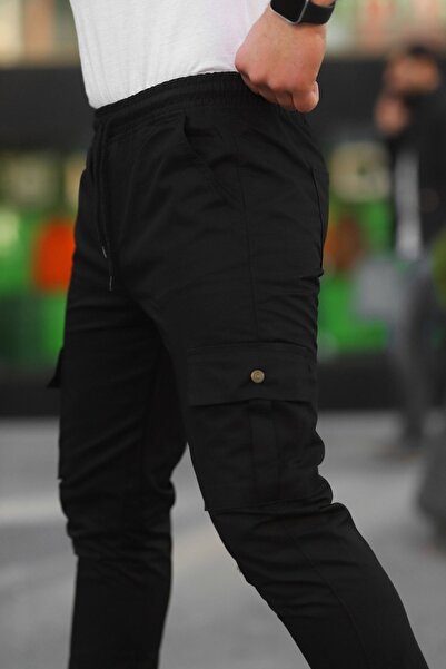 comstar Men's Elastic Waist Flexible Cargo Pocket Black Jogger Trousers