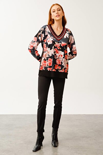 Butik Triko Floral Patterned V-Neck Knitwear Combination Blouse