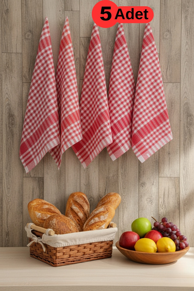 Mislina Home Pötikareli 5'li Kırmızı Alman Servis Peçetesi Mutfak Havlusu Beslenme Örtüsü Kurulama Bezi 47x67cm