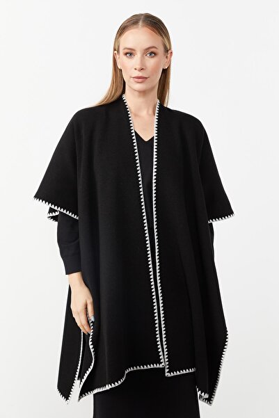 Butik Triko Mutlu Ertan Women's Merrow Detailed Knitwear Poncho Shawl Black 20095