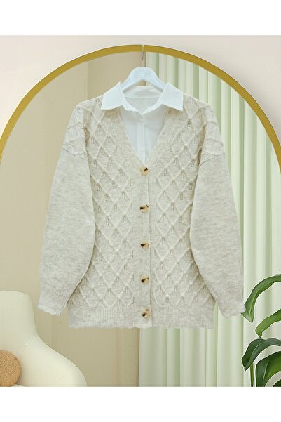 Modamorfo V-Neck Large Button Patterned Knitwear Cardigan -Stone