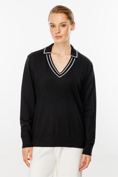 Butik Triko Mutlu Ertan Kadın Gömlek Yaka Triko Bluz Siyah 20131