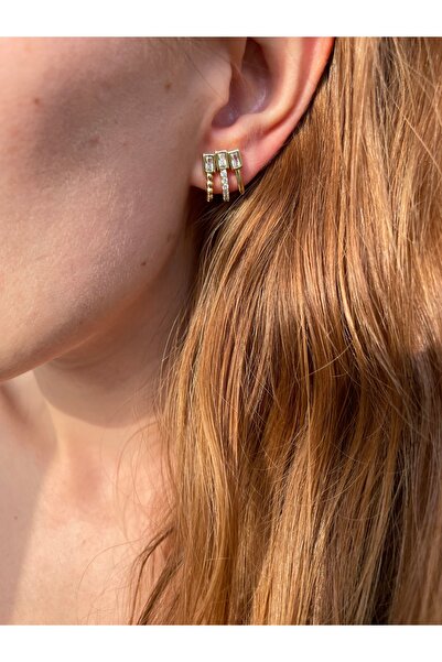 Hora Zirkon İşlemeli 3’lü Görünümlü Gold Çelik Küpe Çifti