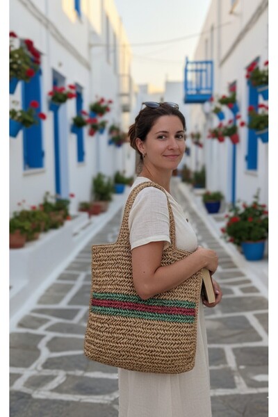 Artepieza co. حقيبة كتف مصنوعة يدويًا من الرافية بلون طبيعي 42×40 سم - حقيبة ...