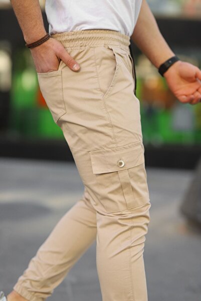 comstar Men's Elastic Waist Cargo Pocket Cream Jogger Pants