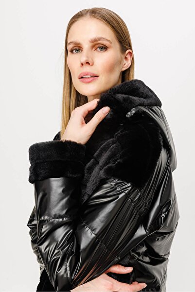 Butik Triko Mutlu ertan women's fur and quilted short coat black 30195