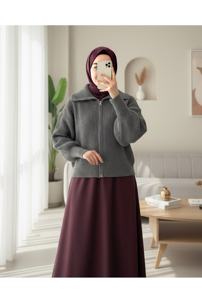 Modamorfo Half-Throated Zippered Knitwear Cardigan - Smoked