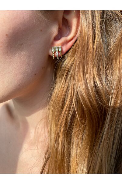 Hora Zirkon İşlemeli 3’lü Görünümlü Gold Çelik Küpe Çifti