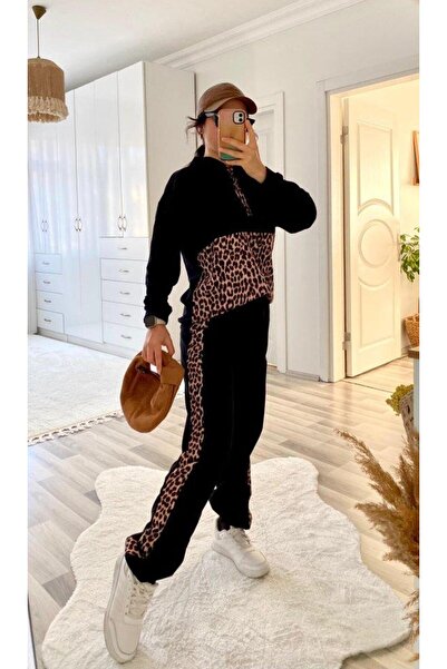 Modayakamoz    Women's Long Sleeve Leopard Detail Sweat and Leopard Stripe Detail Trousers Double Set