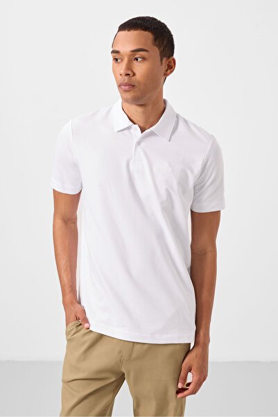 TOMMY LIFE Bílé pánské tričko Standard Fit Basic Polo Neck - 87748