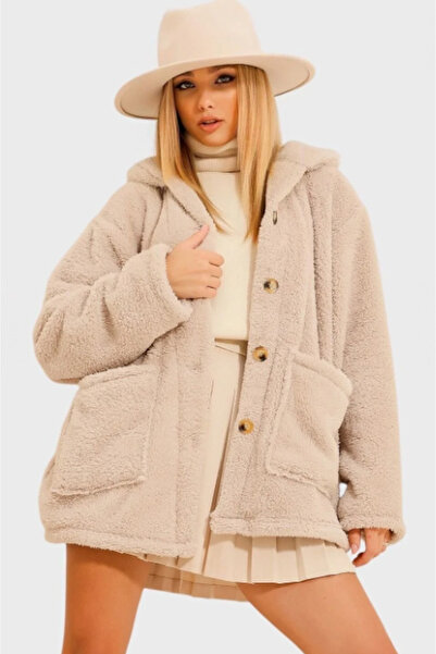 Mila Beige Double Pocket Buttoned Front Unlined Oversized Plush Jacket