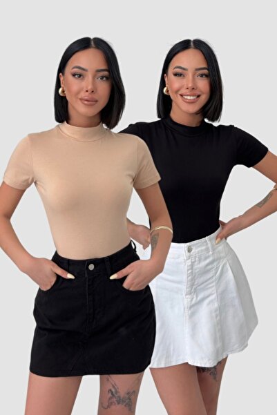 Lunamiratto Balıkçı Kısa Kol Pamuklu Body Bej-Siyah Yarım Balıkçı Body Boğazlı Tişört T-shirt