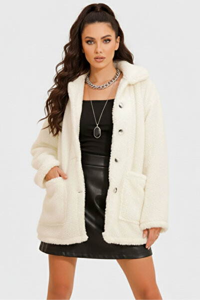 Mila Ecru Double Pocket Buttoned Front Oversized Unlined Plush Jacket