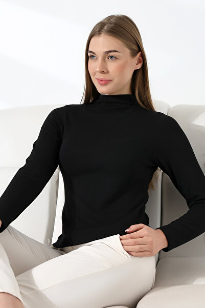 Şiir بلوزة وكنزة لاغو النسائية فائقة النعومة ذات الأكمام الطويلة بتصميم نصف صياد منحني للداخل - أسود