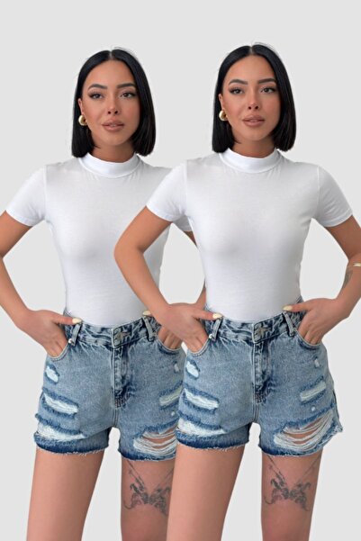 Lunamiratto Beyaz-Beyaz 2 Adet Balıkçı Kısa Kol Pamuklu Body Yarım Balıkçı Body Boğazlı Tişört T-shirt