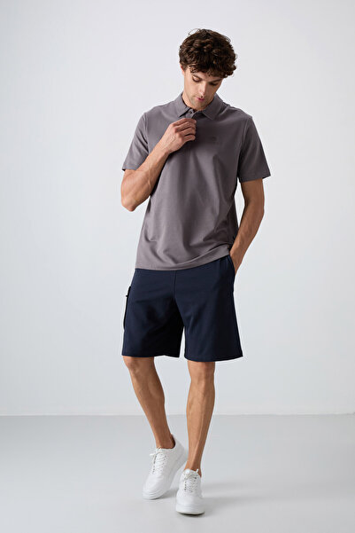 TOMMY LIFE Dark Gray Cotton Thick Soft Textured Standard Fit Basic Polo Collar Men's T-Shirt - 88348