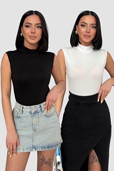 Lunamiratto Kadın 2'li Kolsuz Body Sıfır Kol Boğazlı Badi 2 Adet Balıkçı Beya...