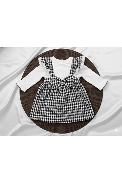 moda kampı Kazayağı Desenli Kurdele Detaylı Bebek Elbise