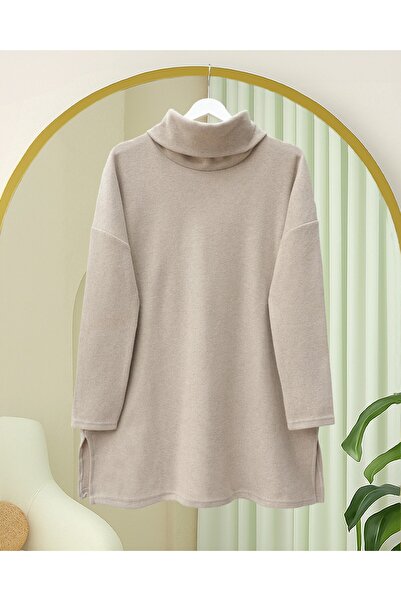 Modamorfo Turtleneck Slit Ribbed Knit Tunic -Stone