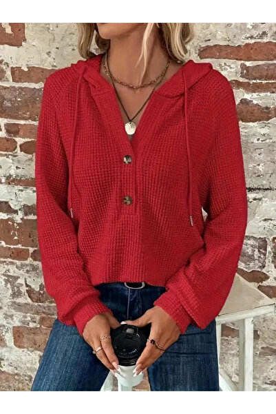 Genel Markalar MDB Kadın Uzun Kollu Kapşonlu önü Düğmeli Ve Bağcıklı Waffle Bluz