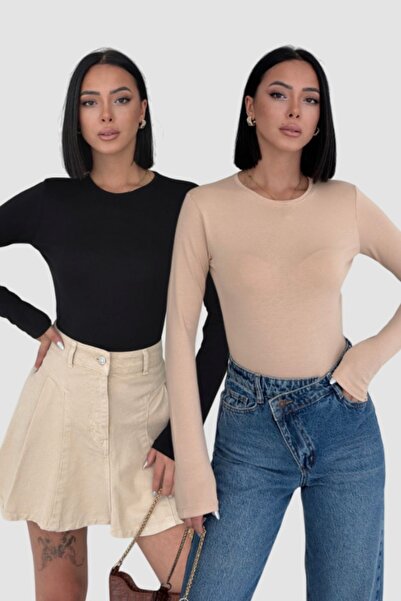 Lunamiratto Kadın 2'li Uzun Kol Body Siyah,BeJ Bisiklet Yaka Body Pamuklu Bis...