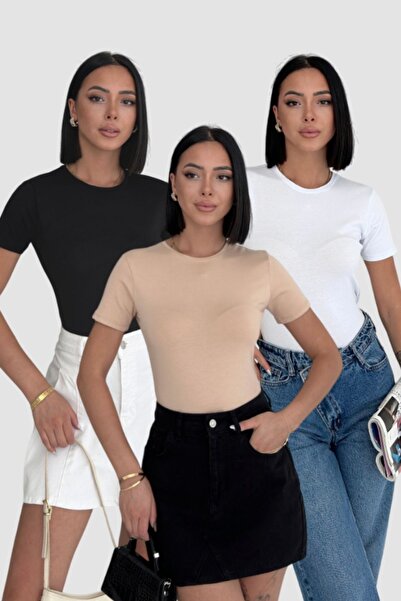 Lunamiratto تي شيرت قطني بأكمام قصيرة وياقة دائرية 3 قطع تي شيرت اقتصادي برقبة دائرية