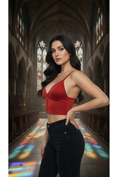 ACTRİS Zippered Strap Crop Bustier with Diver Fabric Pad Red