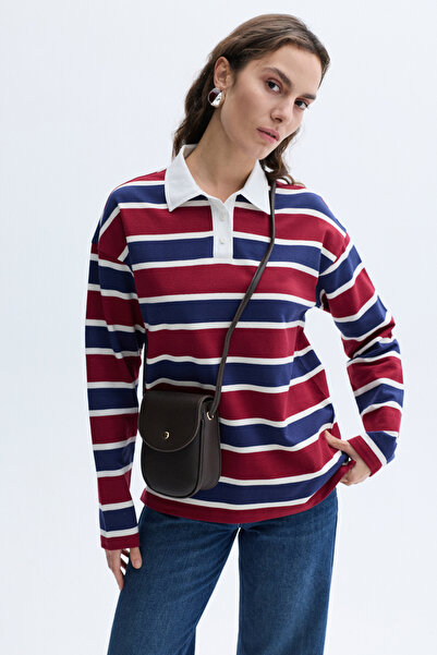Mudo Loose Fit Striped Polo Neck Sweatshirt