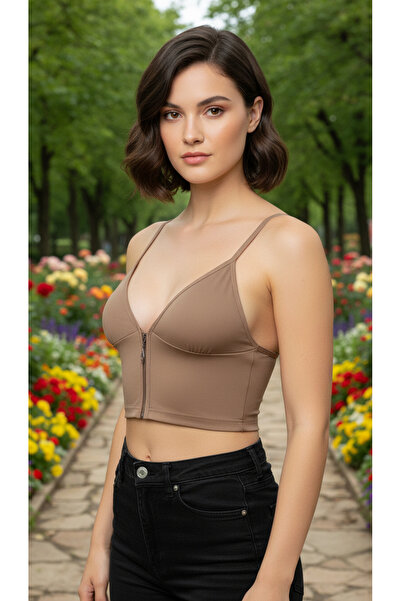 ACTRİS Zippered Strap Crop Bustier with Diver Fabric Pad