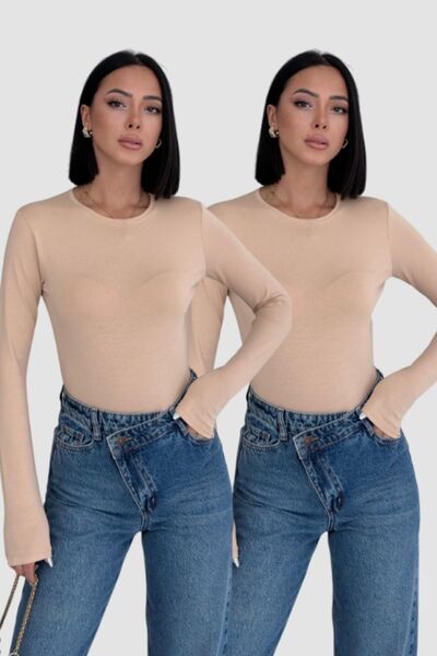 Lunamiratto Ženski KSNUMKS-Pack Long Sleeve Bodi BeJ, BeiJ Crew Neck Bodi Pam...