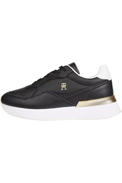 Tommy Hilfiger حذاء رياضي نسائي أسود كاجوال برباط ونعل غير قابل للانزلاق بشعا...