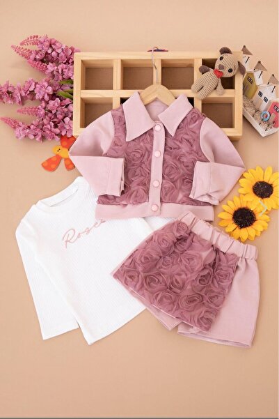 nazarbebe 3D Rose Patterned 3-Piece Special Occasion Set for Girls – Jacket, Blouse and Skirt – Powder Pink (2-5 Years) 4132