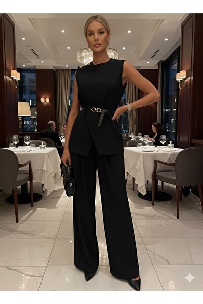 Enie طقم بلوزة وبنطلون نسائي أسود من قماش مزدوج مع إكسسوارات للكتف وحزام