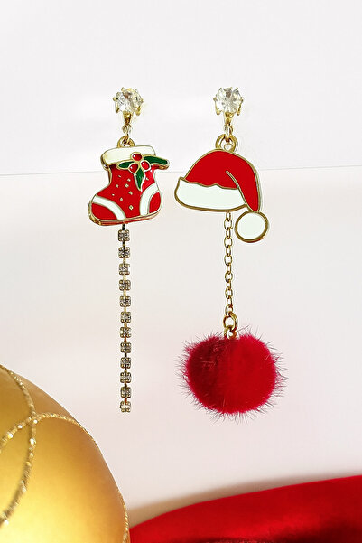New Obsessions Christmas Figures Santa Claus Christmas Tree and Pompom Enamel Asymmetrical Dangle Earrings