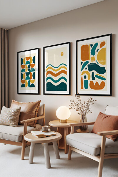 Zestia Set de 3 tablouri cu ramă neagră, valuri geometrice – tonuri retro, se...