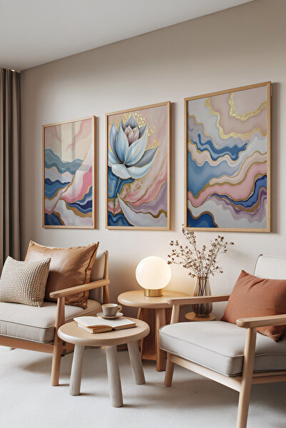 Zestia Set de 3 tablouri cu rame din lemn, floare de lotus albastră și valuri...