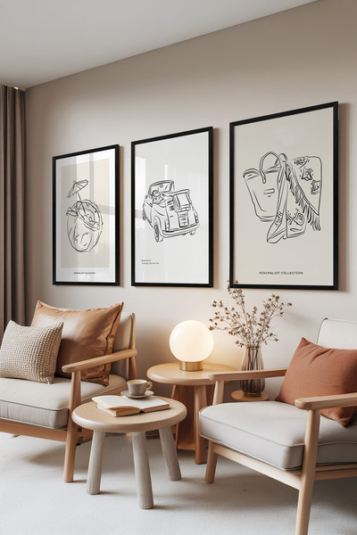 Zestia Set de 3 tablouri cu ramă neagră, nucă de cocos, mașină și geantă, set...