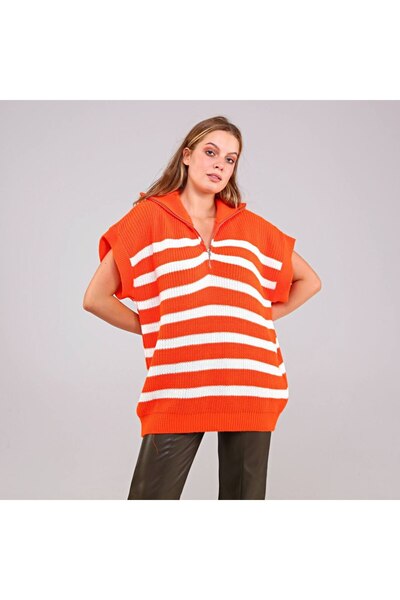 EDZ Women's Knitwear Short Sleeve High Neck Zippered Loose Oversized Fit Tunic