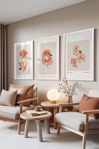 Zestia Set de 3 tablouri cu ramă albă, Botanică liniară – Linii portocalii, S...