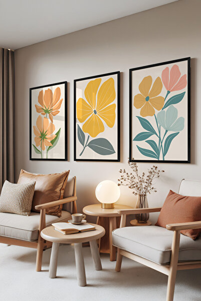 Zestia Set de 3 tablouri cu ramă neagră, flori galbene – stil botanic pastel,...