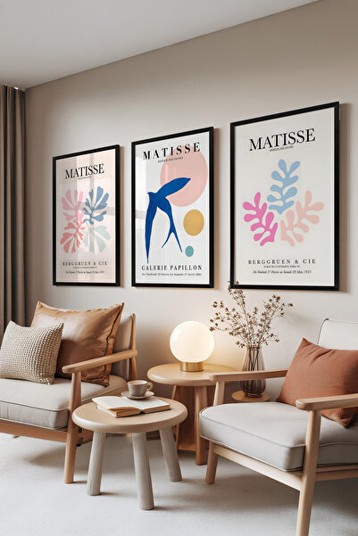 Zestia Set de 3 tablouri cu ramă neagră, figuri abstracte colorate în stil Ma...