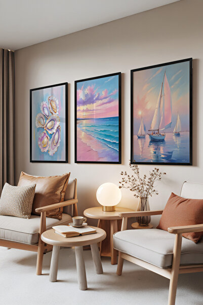 Zestia Комплект от 3 картини с черна рамка, „Морски сънища“ – плаж и ветроход...