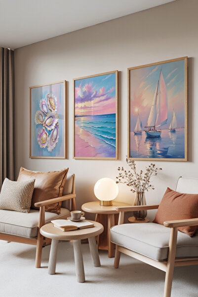 Zestia Set de 3 tablouri cu rame din lemn, Sea Dreams – Litoral și navigație,...