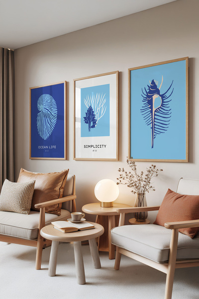 Zestia Set de 3 tablouri cu rame din lemn, scoici și corali albastru oceanic,...